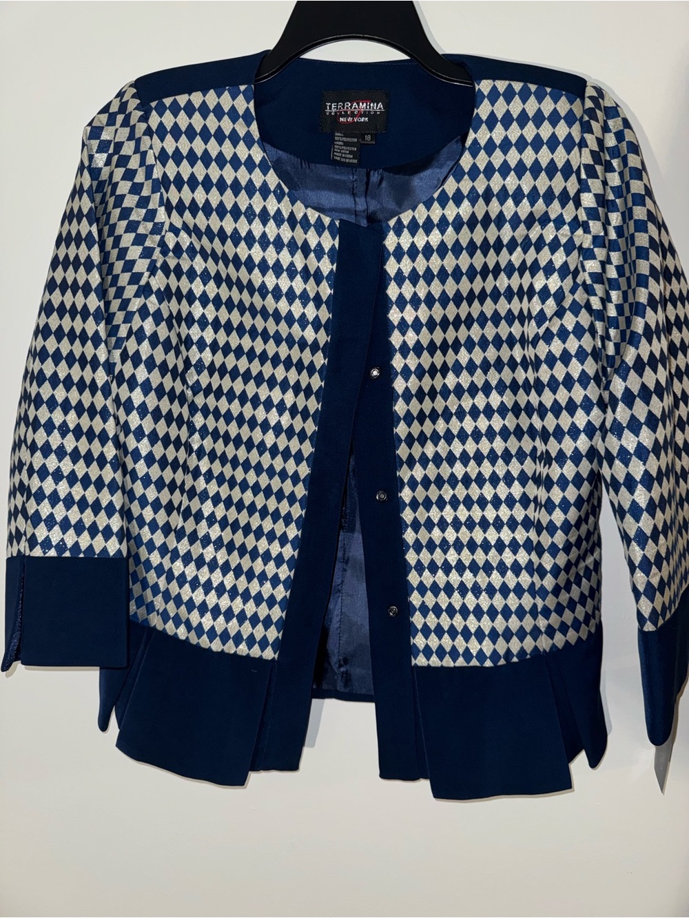 Terramina Navy and White Diamond-Pattern Women's Blazer